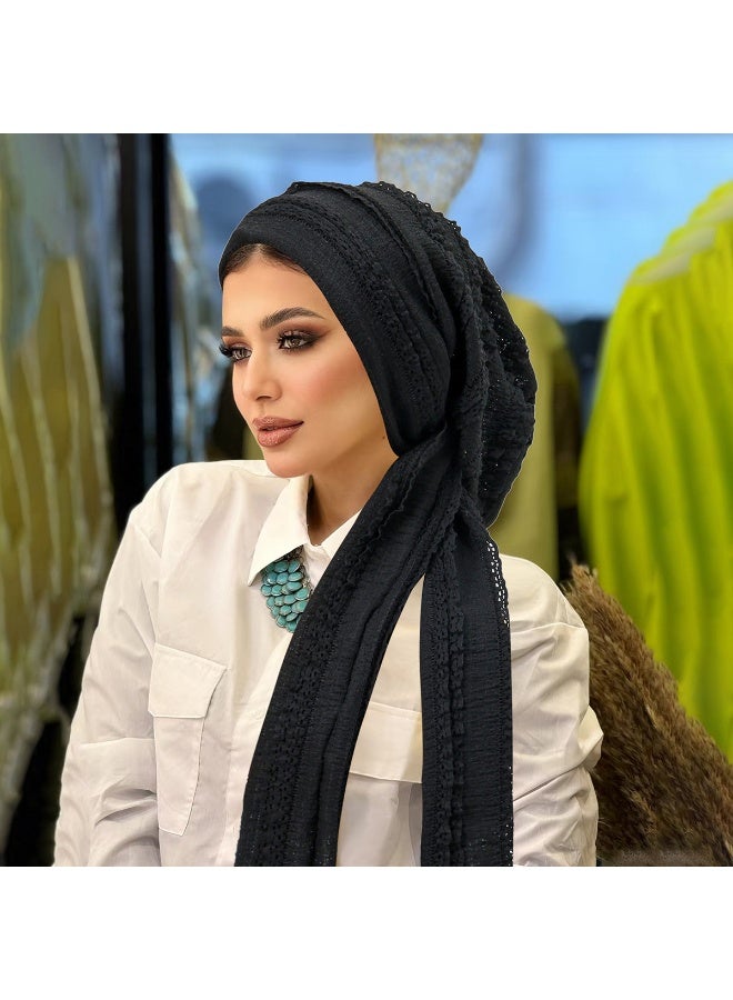 مانجيشان قبعة حجاب نسائية مطوية مسبقة الربط بذيل طويل لف الرأس – أسود - Image 1